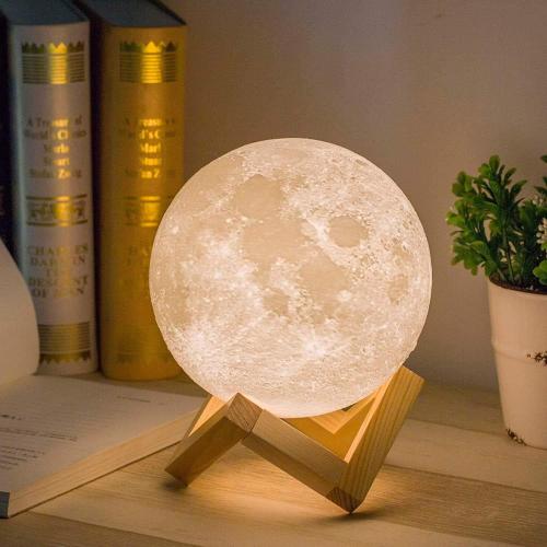 Mydethun 3D Moon Lamp with 5.9 Inch Wooden Base - Gift for Mom, LED Night Light, Mood Lighting with Touch Control Brightness for Home Décor, Bedroom, Women Kids Moonlight - White & Yellow