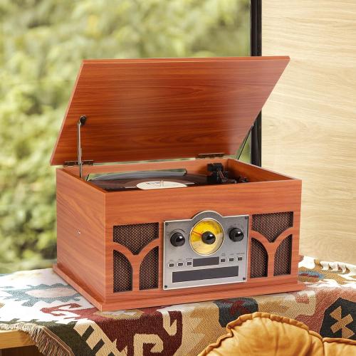 10-in-1 Vinyl Record Player with Built-in Speakers Wireless Playback, CD & Cassette Player, USB Player, AM/FM Radio, 33/45/78 Speed Turntable Mahogany