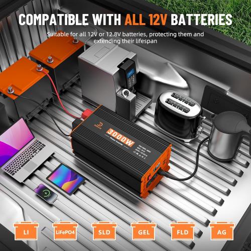 3000W Power Inverter 12V DC to 110V/120V AC Converter for RV/Truck/Boat/Camping/Off-Grid Solar Car Power Inverter Peak Power 6000W with 3 AC Outlets,USB & Type-C Port, Remote Controller & LCD Screen