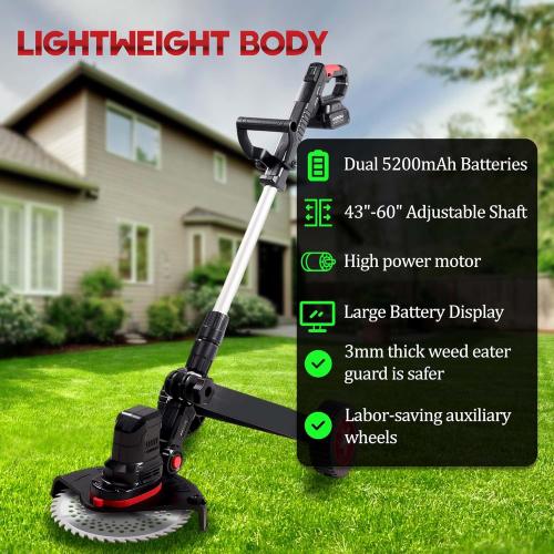 10400mAh Electric Weed Wacker with Wheel, Weed Eater Cordless, Battery Power Display, 4-in-1 Brush Cutter, String Trimmer, Lawn Edger & Mower, Lightweight Weed Wacker with 6 Blade 2 Battery