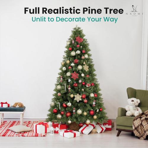 6ft Full Body Unlit Artificial Christmas Tree, Realistic Dense Pine with 1,000 Branch Tips, Hinged Easy Assembly & Stable Base, Perfect for Holiday Ornaments