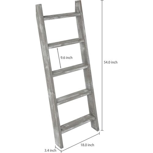 MyGift Large Whitewashed Wood Ladder Blanket Ladder, Farmhouse Style Wall Leaning Towel Rack with 5 Rungs (Graywashed)