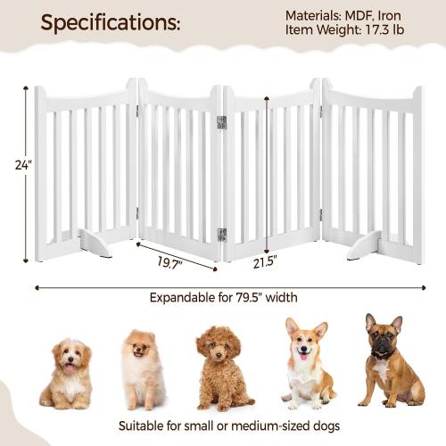 Yaheetech 24 H Freestanding Pet Gate for Dogs Wooden Dog Gates for Hallway, Doorway Collapsible Indoor Pet Fence with Support Feet Stair Barrier 4 Panels Fence White