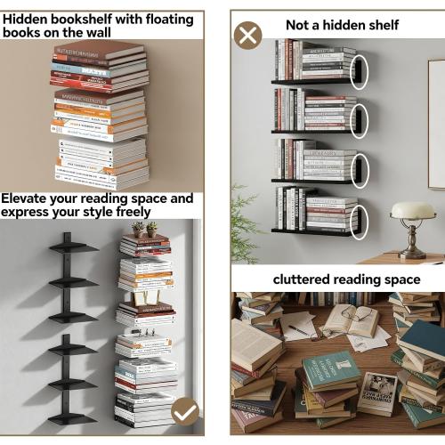 Invisible Floating Bookshelf for Wall Mounted, 2 Pack Black Spine Book Tower, 6 Tier Vertical Book Organizers, Heavy Duty Floating Book Shelves – No Assembly Required, for Office, Bedroom, Kids Room