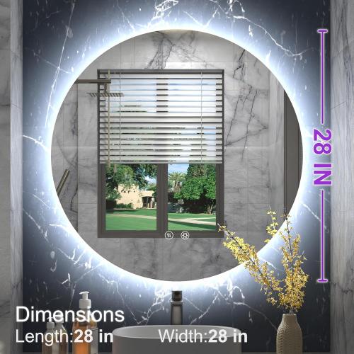 28 Inch Round LED Bathroom Mirror, Backlit Vanity Bathroom Mirror with Lights Round,LED Lighted, Dimmable, Anti-Fog,3000K/4500K/6000K