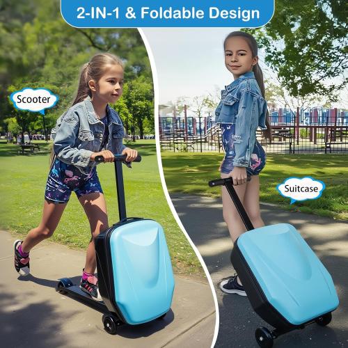 2-in-1 Ride-On Scooter Suitcase,Carry On Hardshell Ride On Suitcase Scooter for Kids Age 4-15, Multifunctional Ride On Lightweight Kids Luggage with Wheels(Size:Blue)