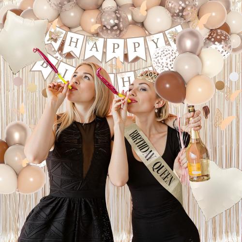 Color beige Birthday Decorations for Women, Boho Beige Cream Neutral Champagne White Sand Foil Balloons Table Cloth Sash Crown Curtains Happy Birthday Banner Circle Garland Butterfly Fall Party Supplies