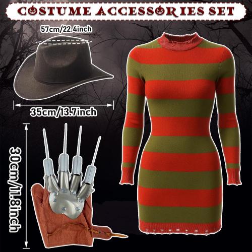 Unisex Halloween Costume for Women Adult Scary Killer Knitted Striped Dress with Brown Hat Glove and Mesh Stockings Cosplay