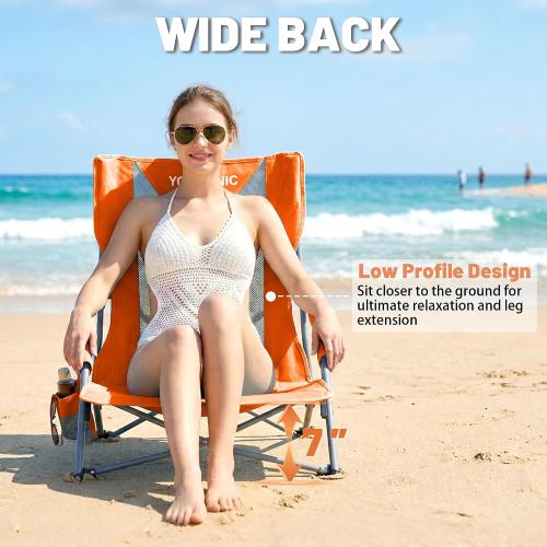 Youtanic Beach Chairs 2 Packs, Folding Portable Chair for Adults, Standard Back Extra Wide Seat with Cup Holder & Carry Bag, Lightweight Camp Chair for Outdoor, Beach, Sand, up to 350lbs, Orange