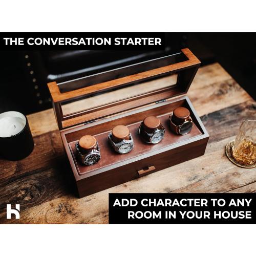 Holme & Hadfield 4 Slot Luxury Watch Display Case with Hinged Cover, Drawer