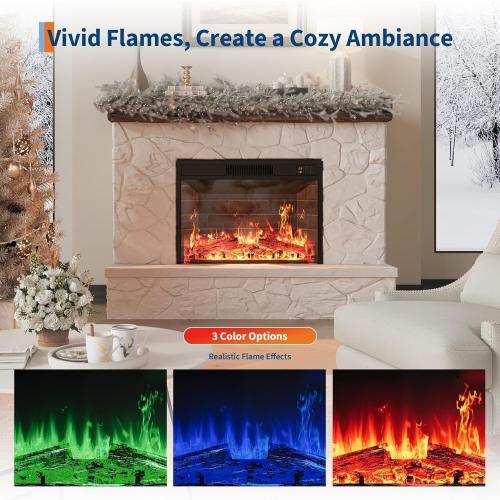 23 Ultra-Thin Electric Fireplace Insert Rear Projection Flame Fireplace Heater 1500W 3 Color Flames & Brightness Levels with Remote Control & Timer 60-84℉, Heats 400 Sq Ft