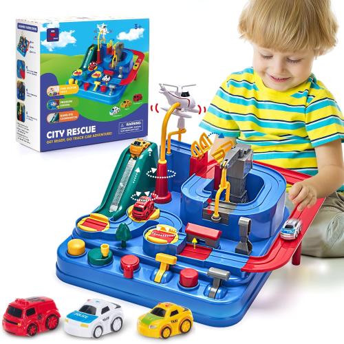 hahaland 3 Year Old Toys, Car Race Track City Rescue Toy Gifts for Boys 3-4 | Fine Motor Skills Toy with 3 Mini Cars & Magnetic Helicopter, STEM Montessori Learning Educational Birthday Gifts for Toddler