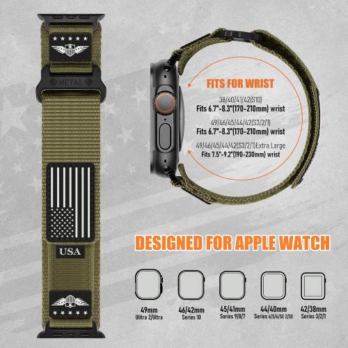 Rugged Nylon for Apple Watch Ultra 2 Band 49mm iWatch Bands 46mm 45mm 44mm 42mm Men,Soft Woven Adjustable Stars-Stripes Flag Wristbands Strap for Apple Watch Ultra Series 10/9/8/7/6/5/4/3/SE/Ultra2