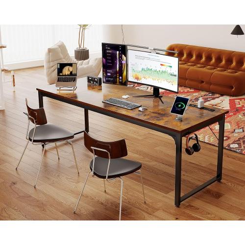 Coleshome 71 Inch Computer Desk with USB Ports, Large Office Desk, Long Study Student Writing Desk, Rustic Brown