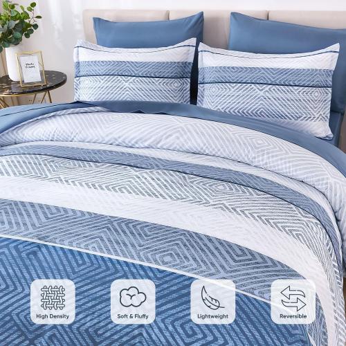Drucon 7 Piece Striped Comforter Set King Size Light Blue Bed in a Bag, Soft Microfiber Complete Bedding Set with Sheets for All Season