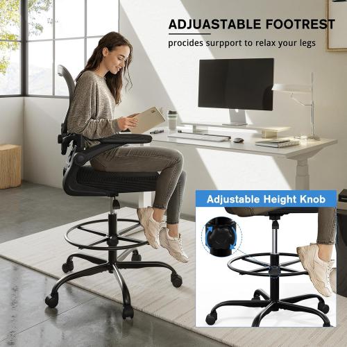 Alolo Drafting Chair,Big and Tall Office Chair with Footrest Ring,Ergonomic Chair for Counter Height and Standing Desk Comfy with Lumbar Support and Flip-up Armrests in Heavy Rolling Base,Black