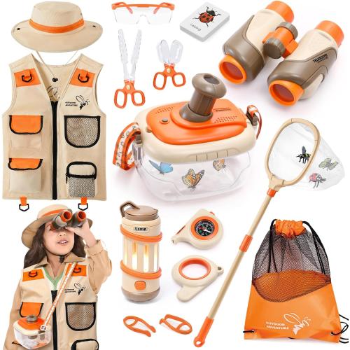 16PCS Explorer Kit & Bug Catcher Kit for Kids, Safari Costume & Camping Gear with Binoculars, Compass, Butterfly Net, Outdoor Toys STEM Gift for Toddlers, Kids Boys & Girls 3-5-7 Years Old