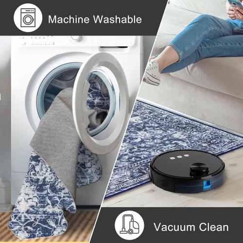 KILOCOCO Area Rug 8x10 Living Room Rug Washable Printed Vintage Floral Non Slip Soft Rubber Backed Indoor Bedroom Rugs for Laundry Room Kitchen Playroom Moroccan Area Rugs, Blue