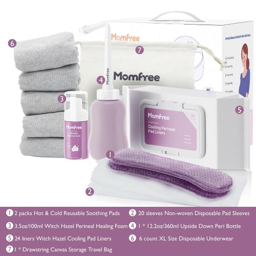 Postpartum Essentials Recovery Kit: Labor Delivery Post Partum 7 Pack Recovery Mom Care Set - Upside Down Peri Bottle | XL Disposable Underwear | Soothing Pads | Perineal Healing Foam | Canvas Bag