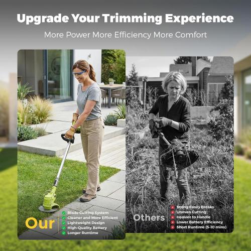 Cordless Weed Wacker Brush Cutter Weed Trimmer with Blade Stringless 21V | 2 X 2.0Ah Electric Weedwacker Battery Powered with Charger - User Friendly Small Yards Grass Cutter for Seniors & Beginner