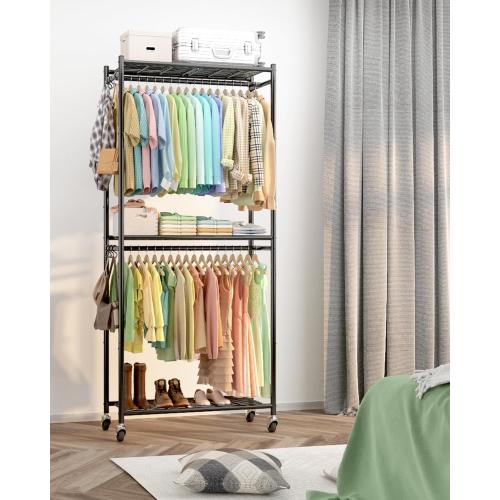Sakugi Clothes Rack - 33.0 x 12.2 x 79.5 Clothing Rack with Shelves & Wheels, Multi-Functional Wardrobe Closet with Hooks, Sturdy Metal Garment Rack for Bedroom, Laundry, Balcony (Black)