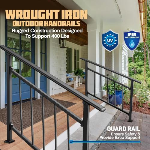 Updated Adjustable 3 Step Stair Handrails for Outdoor Steps, Versatile Stair Railings Transitional Exterior Handrails for Step with Hook and Installation Kit