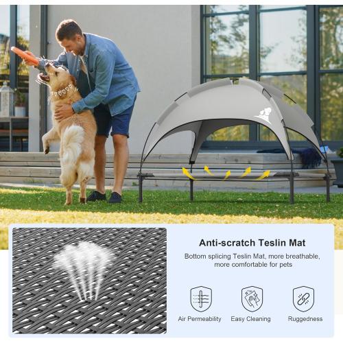 GOJOOASIS Outdoor Dog Bed with Canopy, Waterproof Outside Dog Cots Pet Bed with Removable Canopy Tent, Cat Bed Shelter, Lifted Camping Pet Bed for Medium Dogs (Grey)