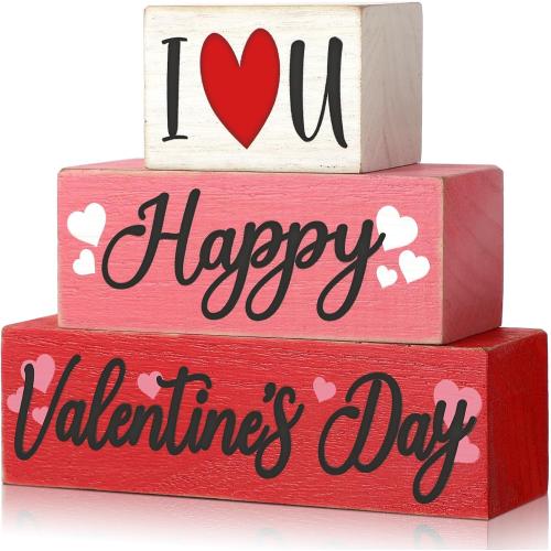 Huquary 3 Pcs Farmhouse Valentine's Day Tiered Tray Decor Table Sign Pink Theme Wood Decorations Valentine's Day Centerpiece Decor for Party Gift Desk (Fresh Style)