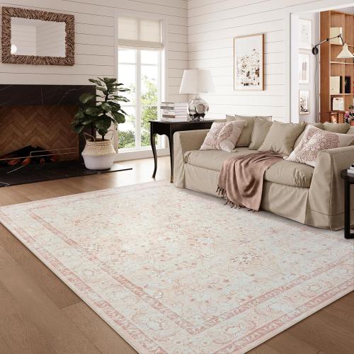 LIVEBOX Washable Rug 6x9 for Living Room, Soft Boho Pink Rugs for Bedroom, Non-Slip Vintage Floral Rug, Ultra-Thin Non-Shedding Large Carpet for Dining Room, Nursery, Home Office, Light Pink