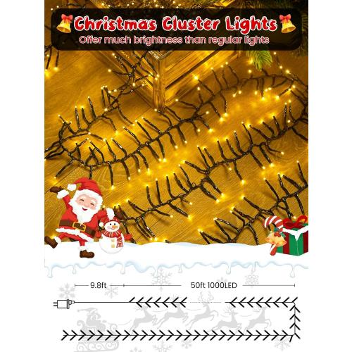 50FT 1000 LED Christmas Cluster Lights, Firecracker String Lights with Remote & 8 Modes & Timer, Waterproof Fairy Twinkle Light Plug in for Indoor Outdoor Party Garden Xmas Tree Decoration, Warm White