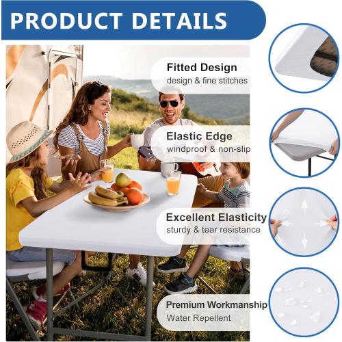 Fitted Tablecloth for 6 Foot Rectangle Tables-6 Pack White Elastic Outdoor Picnic Table Cover-Spandex Stretch Folding Table Cloths 6 ft for Camping Dining Room Patio Kitchen Banquet Party