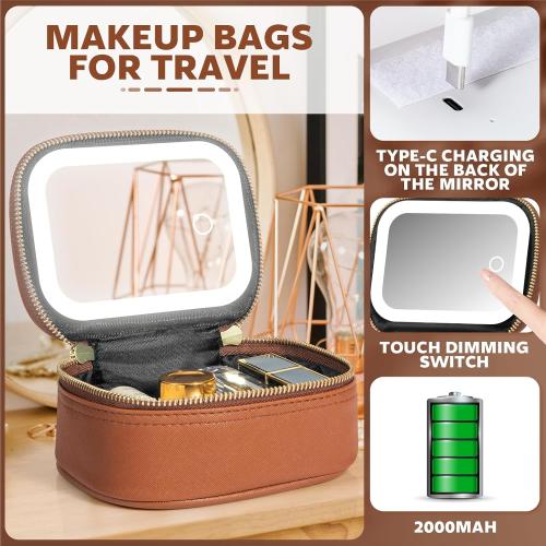 Mini Makeup Bag with Led Mirror, Small Travel Make up Bag 3 Light Modes Adjustable Brightness, for Women Organizer Cosmetic Bag, Portable Travel Train Toiletry Bag, for Pool Parties Work Touch-Ups