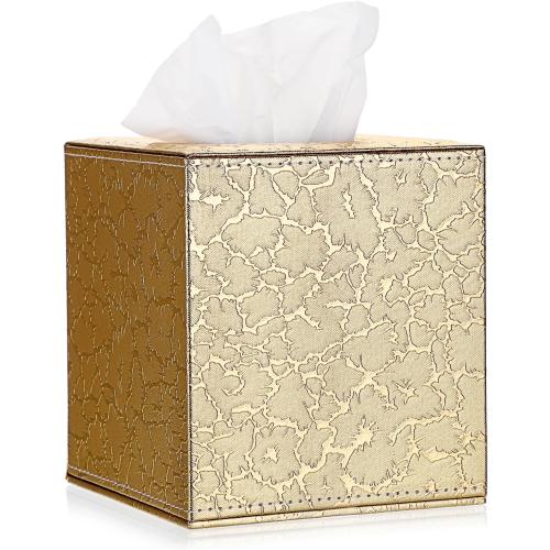 Sumnacon Square Leather Tissue Box Cover - Stylish Cube Tissue Box Holder with Magnetic Bottom, Decorative PU Tissue Box for Vanity Dresser Night Stand Table Countertop Home Office Car, Gold