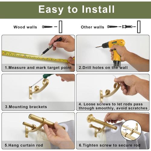 Double Curtain Rods 72 to 144 Inches with Solid Aluminum Alloy Brackets, 1 Inch Adjustable Drapery Rod, Heavy Duty Dual Curtains Rod for Window, Sliding Door, Bedroom Decoration, Warm Gold