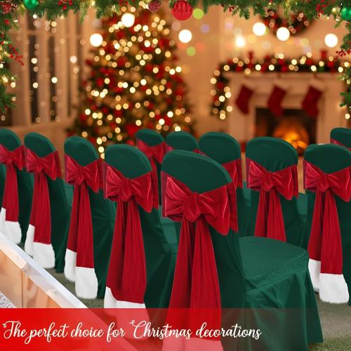 Thyle 10 Pcs Christmas Burgundy Red Velvet Chair Sashes 6 x 108 Inch Large Red Bows Chair Cover with White Fluff Decoration for Xmas Wedding Event Holiday Banquet Party