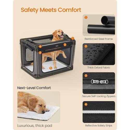 Feandrea Collapsible Dog Crate, Portable Dog Travel Crate for Large Dogs, Oxford Fabric Pet Carrier with 4 Mesh Doors, Handles, Storage Pocket, Water Bottle Holder, Ink Black UPDC019B01