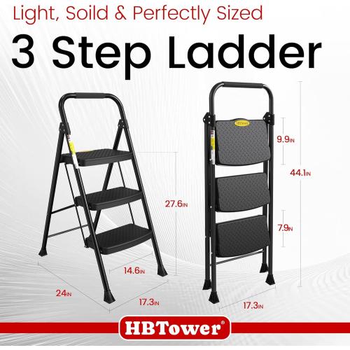 HBtower Step Ladder Sturdy, Heavy Duty Step Stool for Adults, Wide Anti-Slip Pedal Step Ladder Folding Step Stool for Home Kitchen Garage Outdoor (3 Step Ladder)