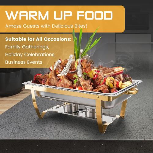 Chafing Dishes for Buffet, 4 Pack Chafing Dish Buffet Set, 9QT Elegant Gold Colors Stainless Steel with Folding Frame Chafing Dish Buffet Set, Food Warmers for Parties, Weddings, Holiday Parties, etc
