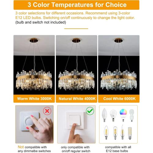 Round Crystal Chandeliers, D23.6 inch 12-Light Brass Gold Chandelier Lighting Fixture, Height Adjustable Pendant Ceiling Light for Living Room Dining Room Bedroom