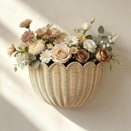 Set of 2 Scalloped Hanging Wicker Baskets for Wall