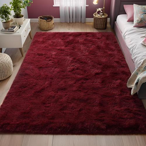Fluffy Burgundy Red Rugs for Bedroom, Dark Red Area Rug for Living Room, Soft Shaggy Plush Cute Floor Carpet for Boys Kids Girls Bedroom, Non Slip and Washable Carpets for Home Decor
