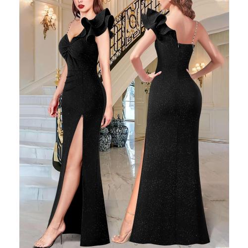 Size S..Women's Sexy Black Formal Gown - One - Shoulder Flounce, High - Cut Slit & Shimmer Fabric