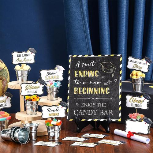 12 Silver Buckets Nuogo Graduation Candy Buffet Set Include 12 Mini Metal Bucket with Handles 1 Candy Buffet Table Sign with 1 Stand Grad Candy Bar Party Dessert Food Decoration