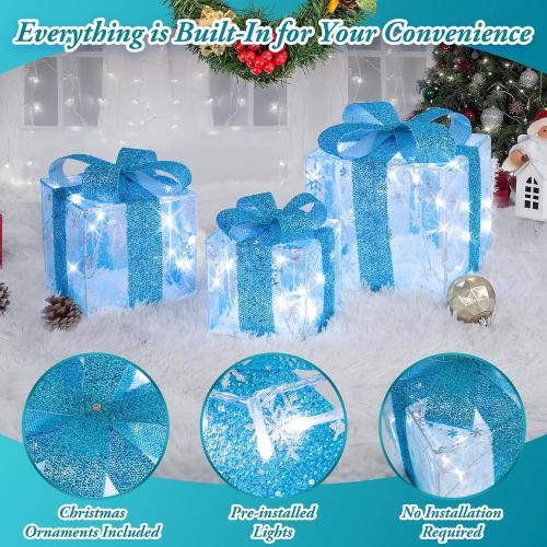 Set of 3 Christmas Lighted Gift Boxes, Indoor Christmas Decor with 60 LED Cool White Mini String Lights, Present Boxes with Bows and Snowflake Design for Xmas Tree Holiday Home Mantel Decor