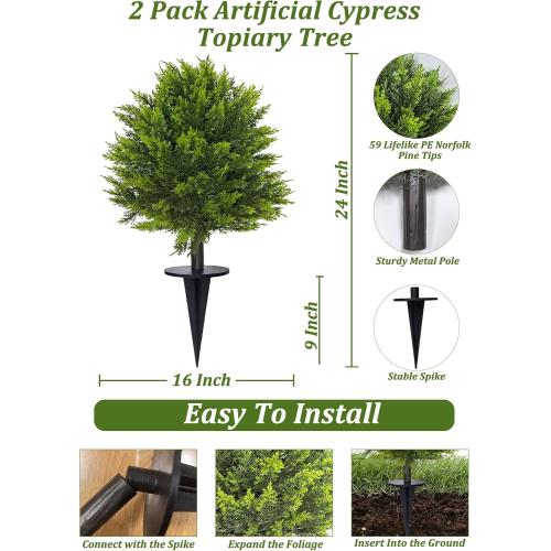 2 Pack Artificial Topiary Ball Tree with Spike Soft Cypress Realistic Faux Cedar Pines Spring Trees UV Rated Fake Shrubs for Spring Pot Fillers Front Door Porch Indoor Outdoor Decor