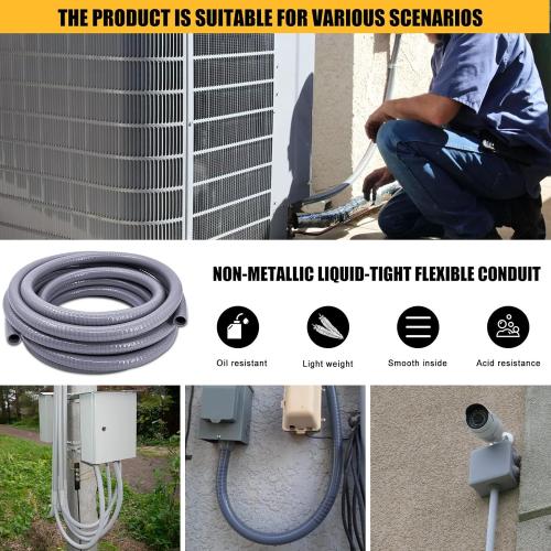 1-1/2 inch 50 Foot Liquid-Tight Conduit Kit, Flexible Non Metallic Electrical Conduit and Connector Kit, With 5 Straight and 4 Angle Fittings and Pipe Strap.
