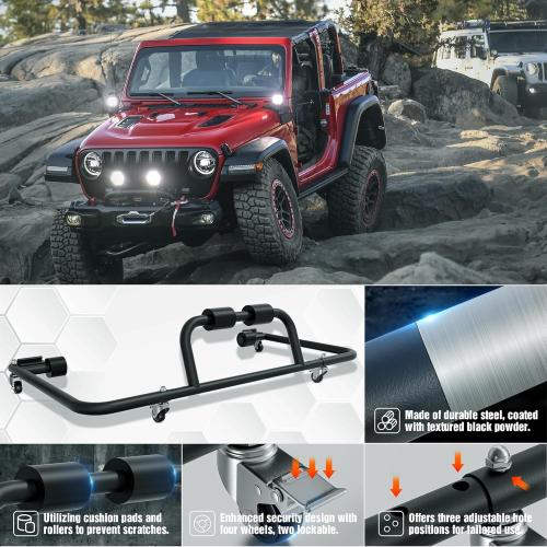 Adjustable Hard Top Carrier Hardtop Storage Cart Compatible with 1976-2025 Jeep Wrangler JK JL YJ TJ JKU JLU Unlimited and Newer Jeep Wrangler CJ-7 Sliding Bracket Rack Movable, 2/4 Door-Black