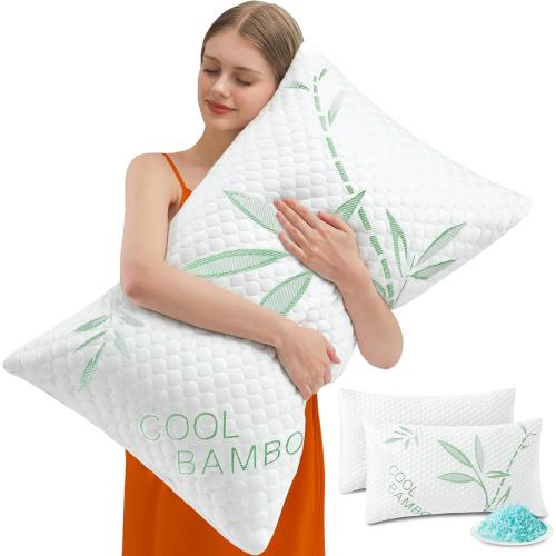 Memory Foam Pillows, Cooling Pillows Queen Size Set of 2 Adjustable Firm Bamboo Bed Pillows for Hot, Side, Back and Stomach Sleepers