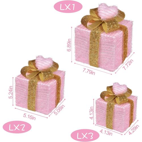 Pink Christmas Decor Light up Gift Boxes with Heart, Light up Xmas Boxes with Battery Operated for Wedding Christmas Valentine's Day Decorations Indoor and Outdoor (3 Pack) (Pink Heart)