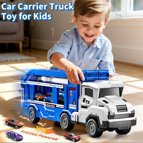 3-in-1 Kids Carrier Truck Toy Car Tracks for Toddlers 2-4 Years Old with 12 Racing Cars Toys, Foldable Chasing Race Track and Car Garage, Car Ramps Birthday Gift for Boys Girls 3-5 4-8(Blue)